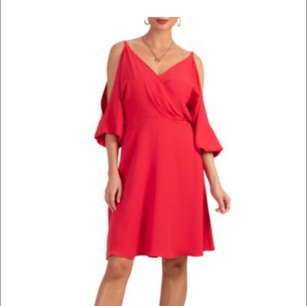 Trina Turk Mixology Cold-Shoulder Red Mini Sundress with Dolman Sleeves - Picture 6 of 6